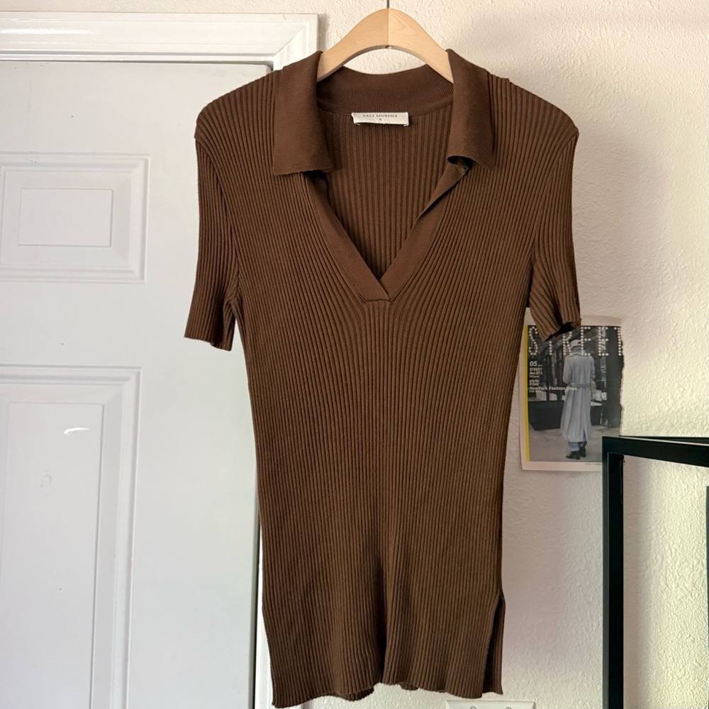 SALT MURPHY brown chocolate chunky rib ribbed knit stretchy cropped polo shirt